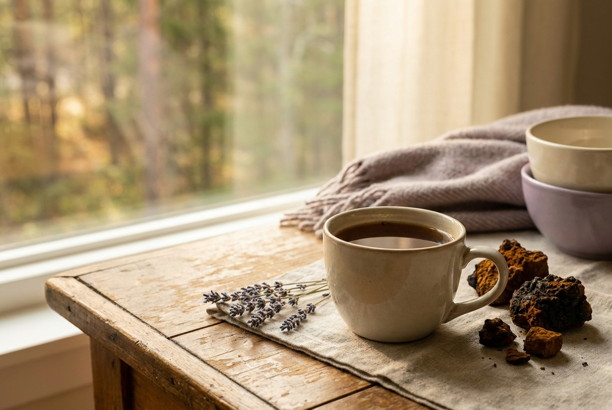 Cup of chaga mushroom tea by a window in soft forest light