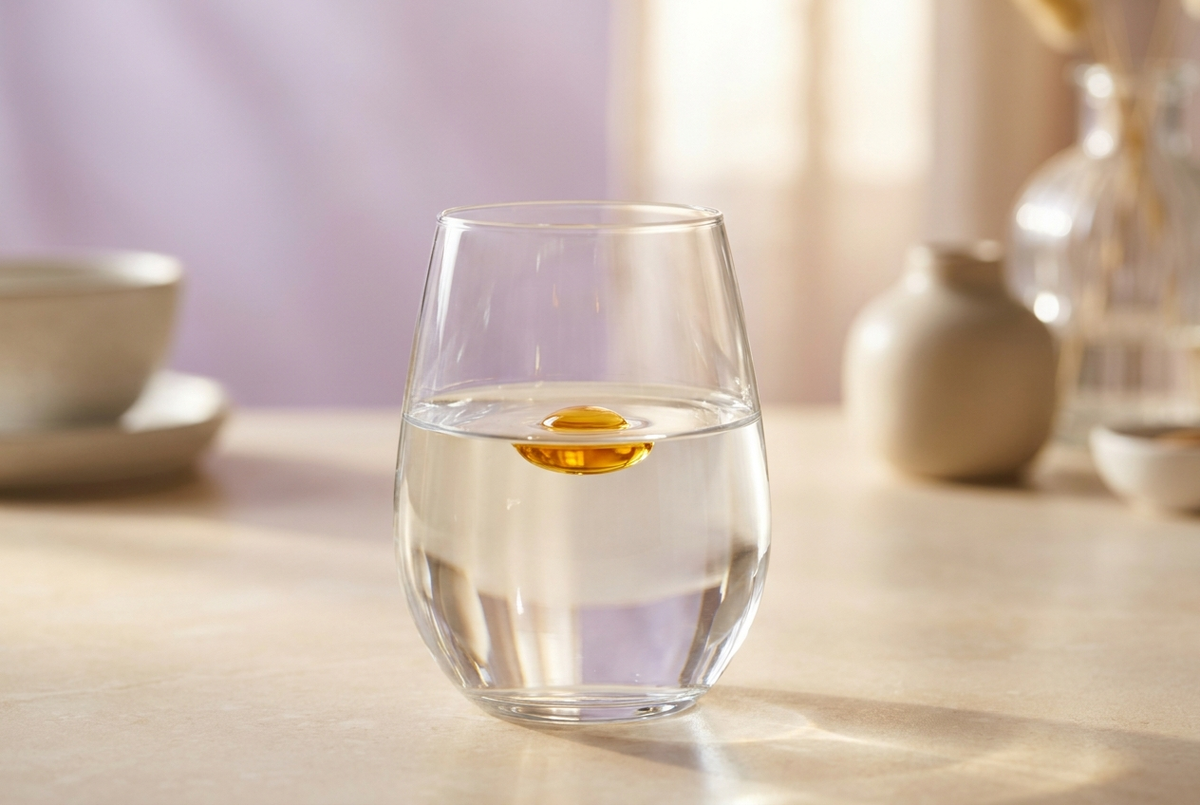 Glass of water with a golden droplet, supplement absorption