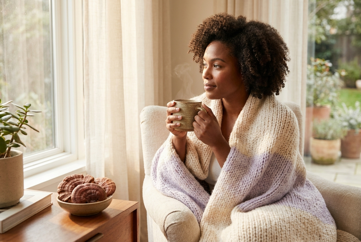 Woman relaxing with tea by a sunlit window, reishi for stress and immunity