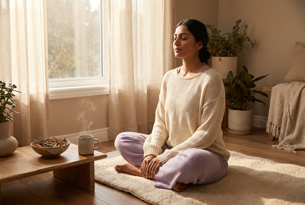 Woman meditating in soft morning light, adaptogens for balance