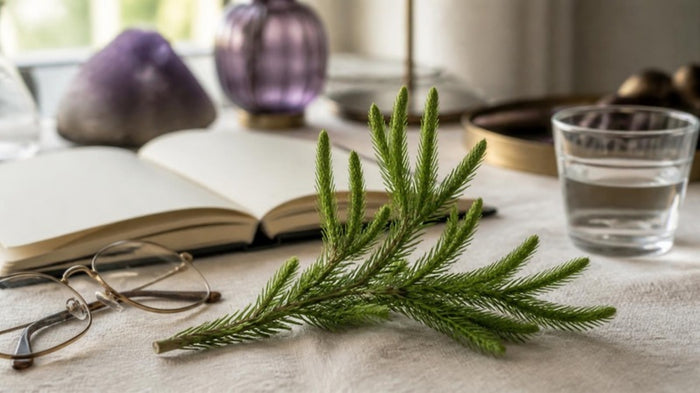 A sprig of club moss, the plant huperzine A comes from, beside an open notebook and reading glasses