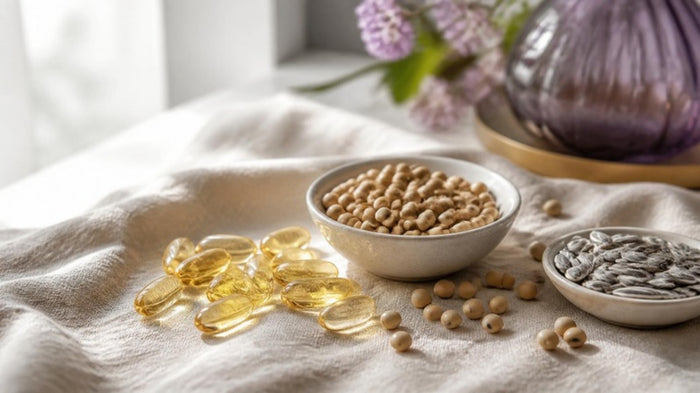 Phosphatidylserine softgels beside bowls of soybeans and sunflower seeds, the two common sources