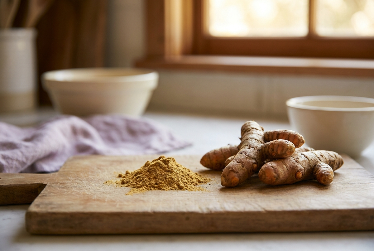 Fresh turmeric root beside golden turmeric powder