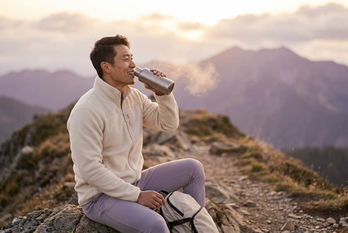 Man pausing on a mountain trail at sunrise, energy and performance