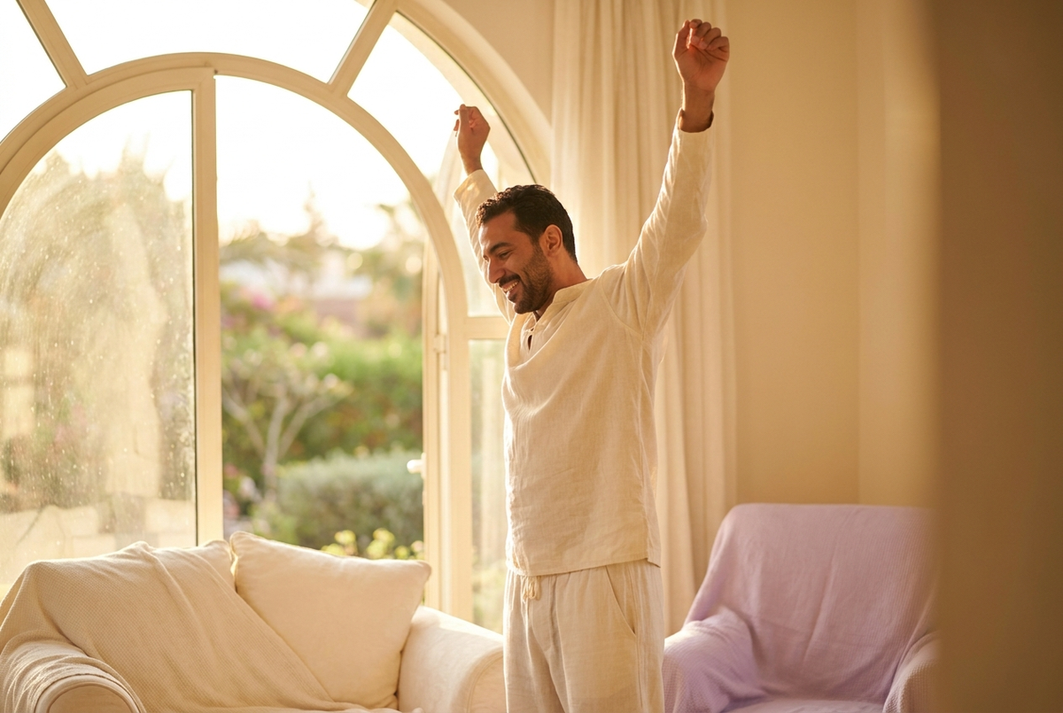 Man stretching in morning light, cellular energy and vitality