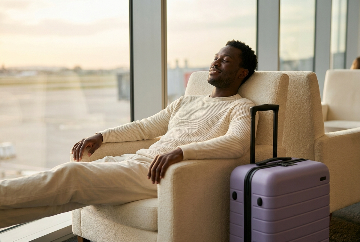 Traveler resting by an airport window, recovering from jet lag