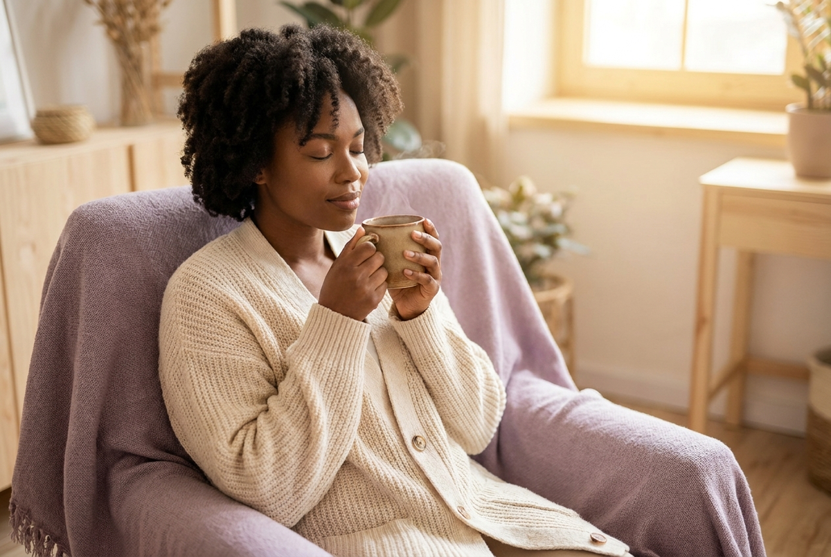 Woman unwinding with tea in soft evening light, daily stress support
