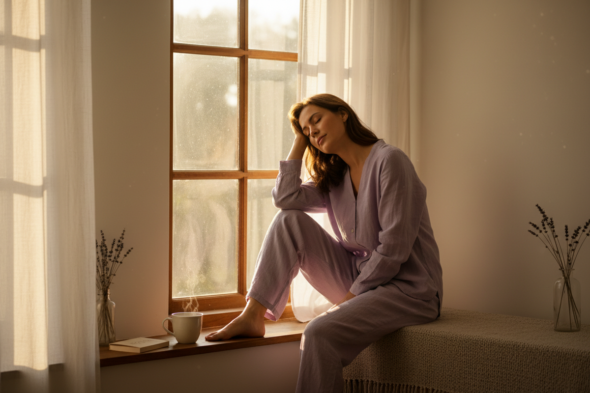 Woman in linen loungewear resting by a sunlit window, lifestyle image for fatigue blog