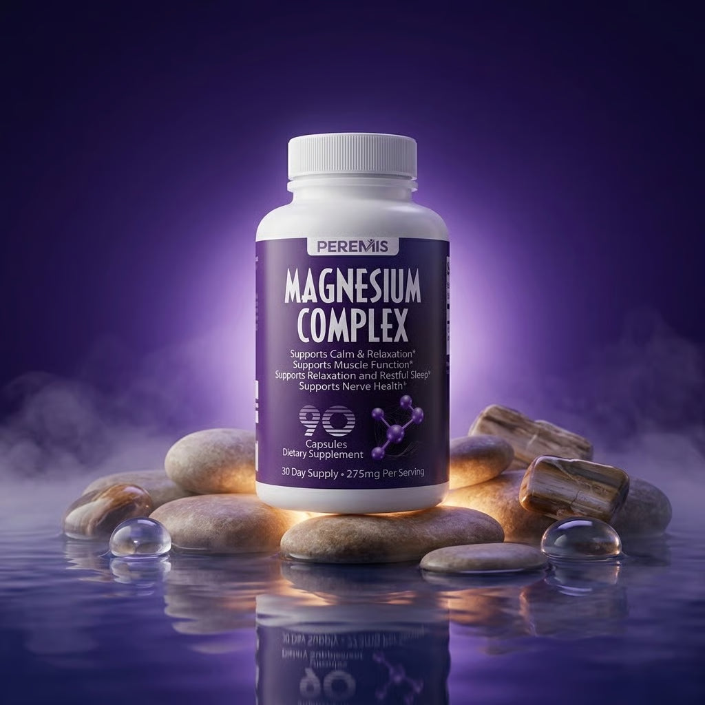 Magnesium Complex bottle on stones with purple background
